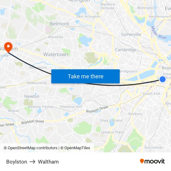 Boylston to Waltham map