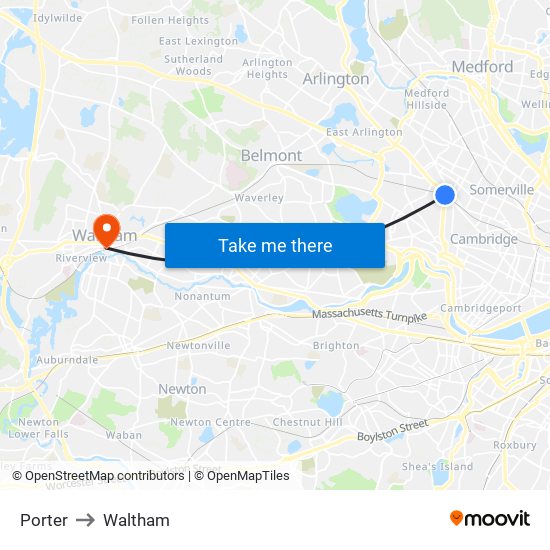 Porter to Waltham map