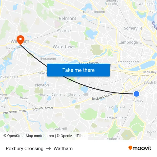Roxbury Crossing to Waltham map