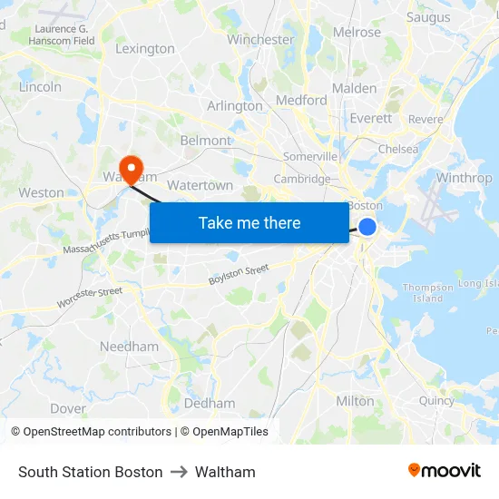 South Station Boston to Waltham map