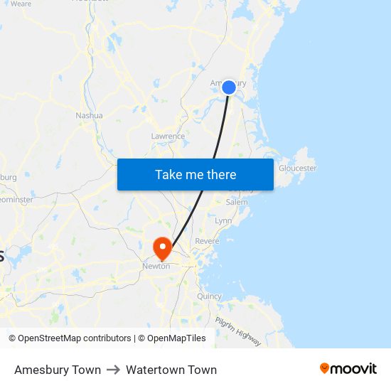 Amesbury Town to Watertown Town map