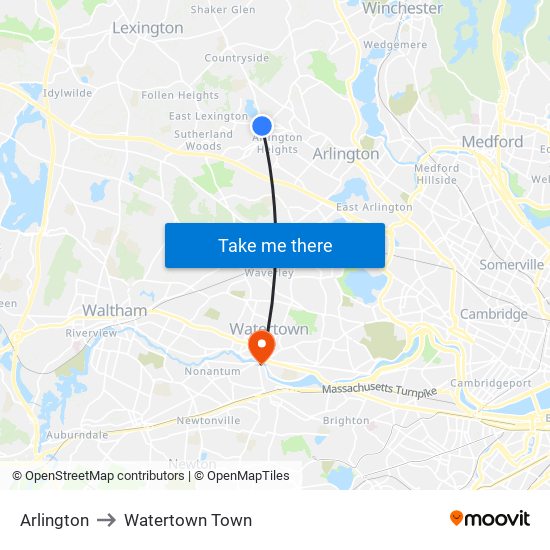Arlington to Watertown Town map