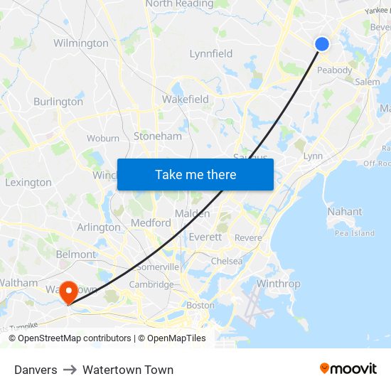 Danvers to Watertown Town map