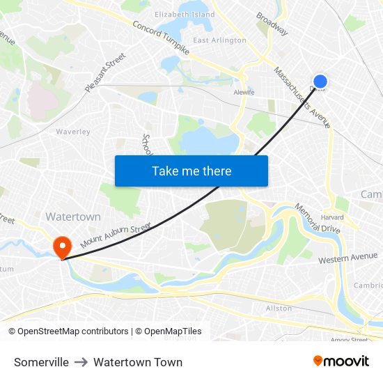 Somerville to Watertown Town map