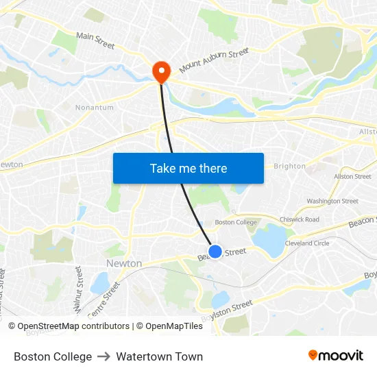 Boston College to Watertown Town map