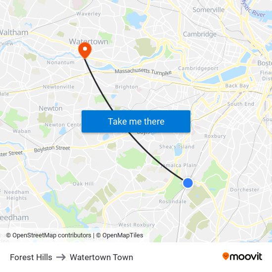 Forest Hills to Watertown Town map