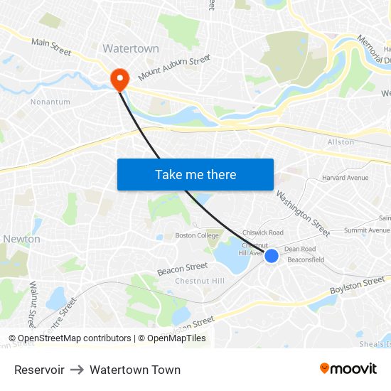 Reservoir to Watertown Town map