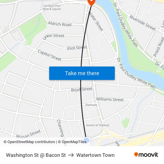 Washington St @ Bacon St to Watertown Town map