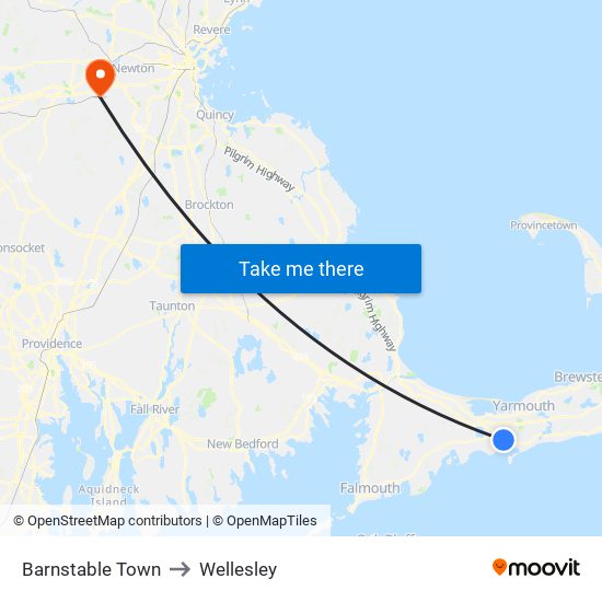 Barnstable Town to Wellesley map