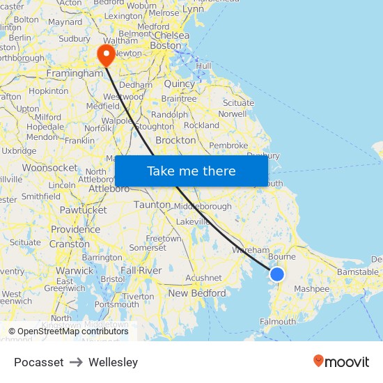 Pocasset to Wellesley map