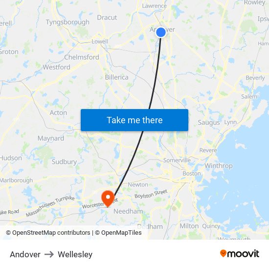 Andover to Wellesley map