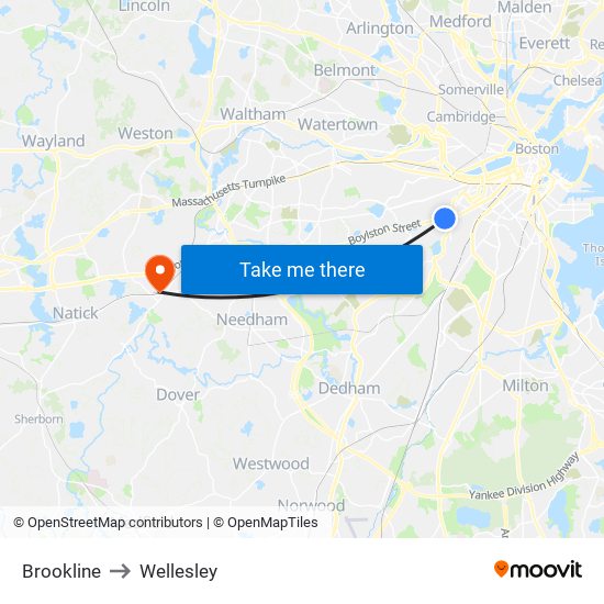 Brookline to Wellesley map