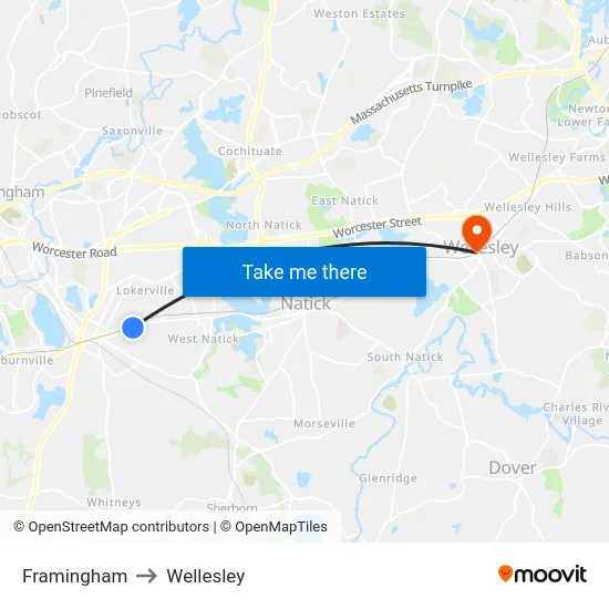 Framingham to Wellesley map
