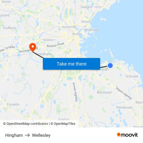 Hingham to Wellesley map