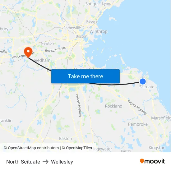North Scituate to Wellesley map