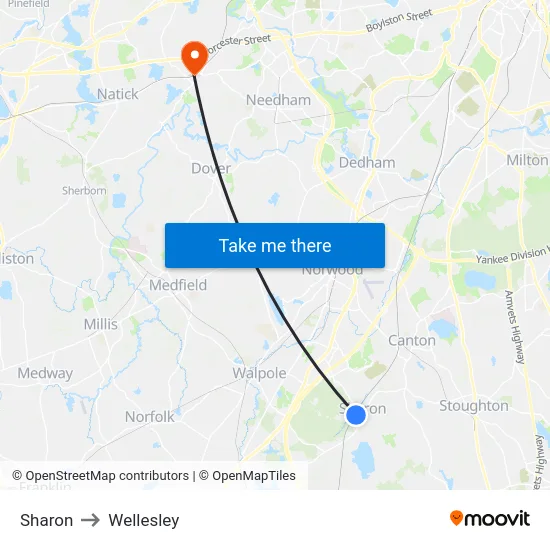 Sharon to Wellesley map