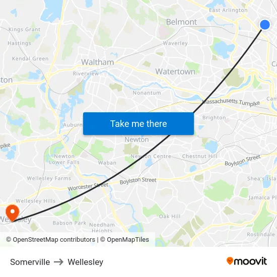 Somerville to Wellesley map