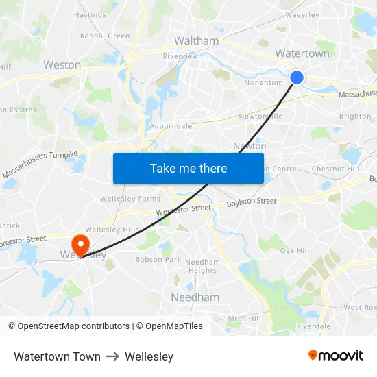 Watertown Town to Wellesley map