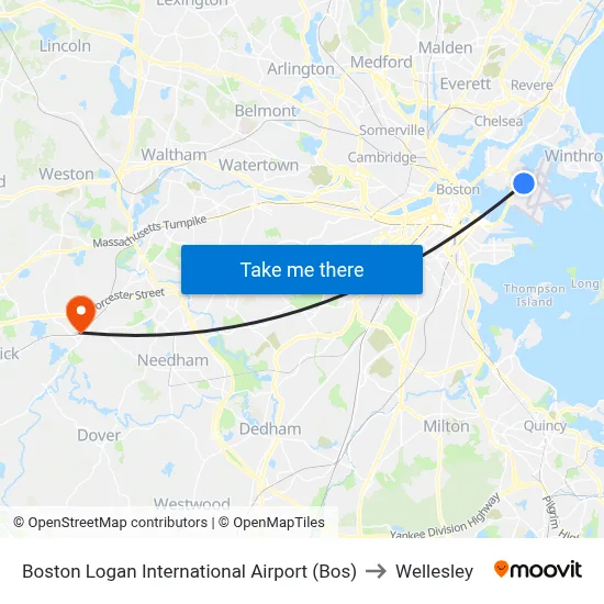 Boston Logan International Airport (Bos) to Wellesley map