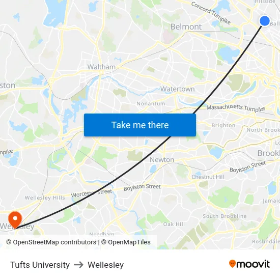 Tufts University to Wellesley map