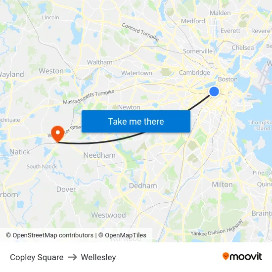 Copley Square to Wellesley map