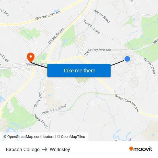 Babson College to Wellesley map