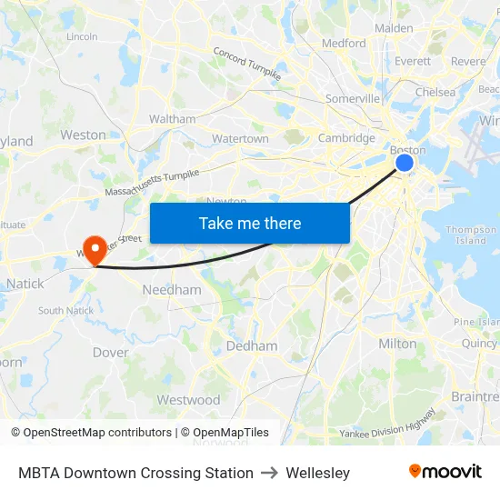 MBTA Downtown Crossing Station to Wellesley map