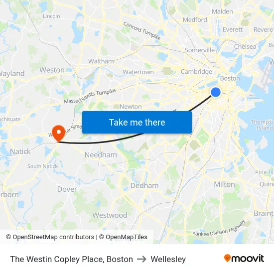 The Westin Copley Place, Boston to Wellesley map