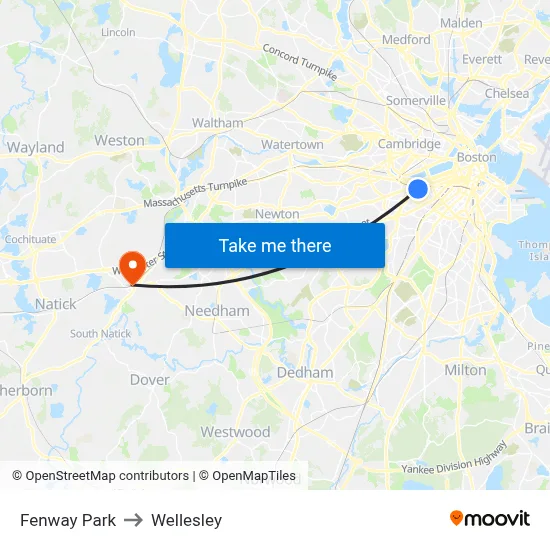 Fenway Park to Wellesley map