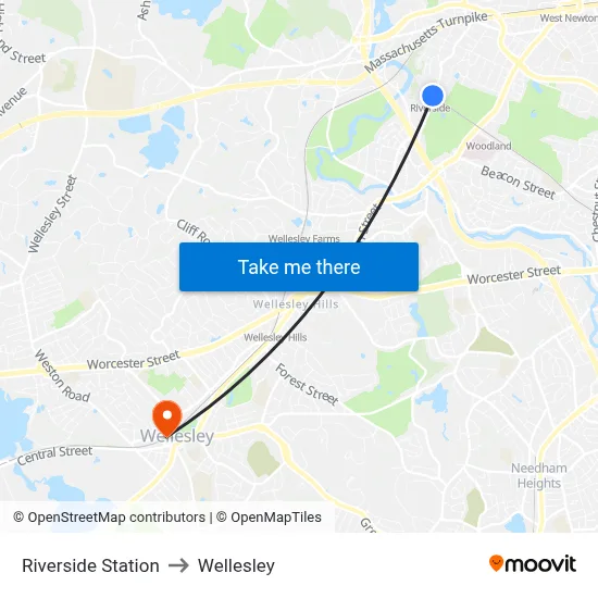 Riverside Station to Wellesley map