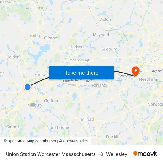 Union Station Worcester Massachusetts to Wellesley map