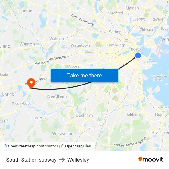 South Station subway to Wellesley map