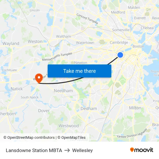 Lansdowne Station MBTA to Wellesley map