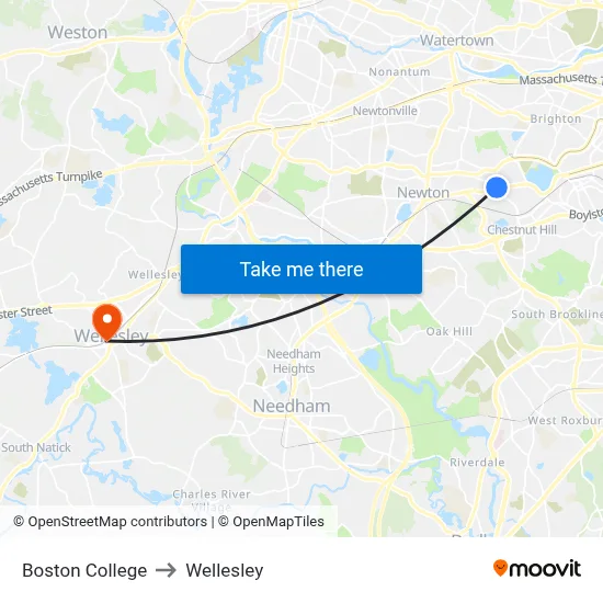 Boston College to Wellesley map