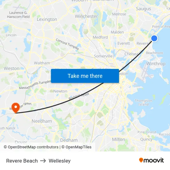 Revere Beach to Wellesley map