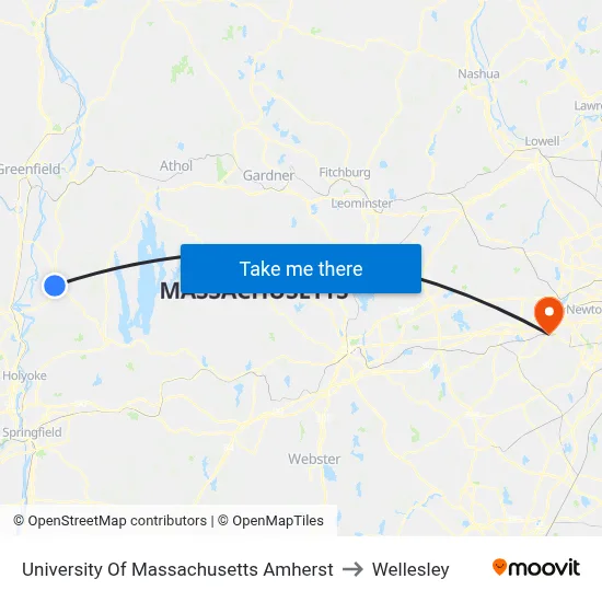 University Of Massachusetts Amherst to Wellesley map