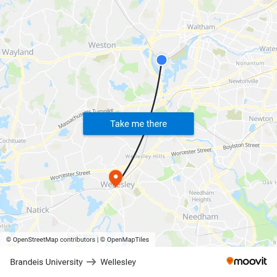 Brandeis University to Wellesley map