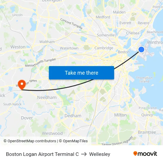 Boston Logan Airport Terminal C to Wellesley map
