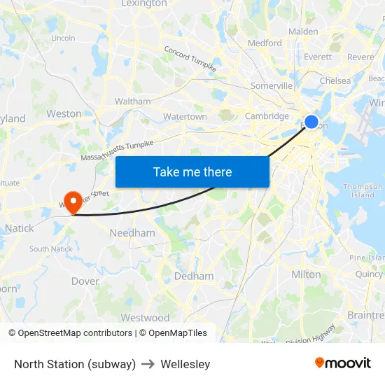 North Station (subway) to Wellesley map