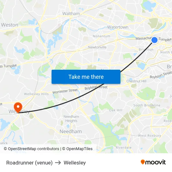 Roadrunner (venue) to Wellesley map