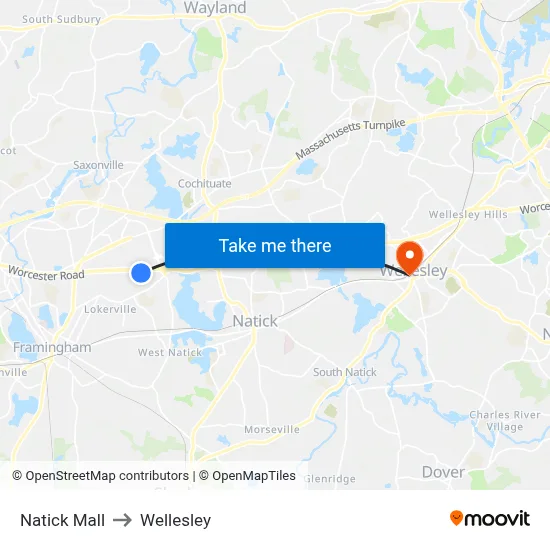 Natick Mall to Wellesley map