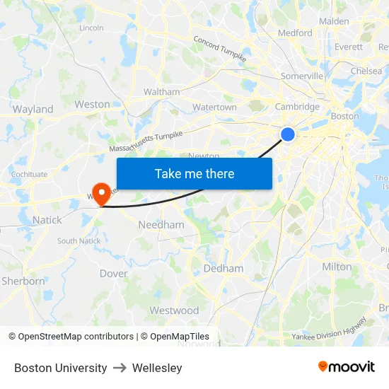 Boston University to Wellesley map
