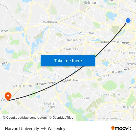Harvard University to Wellesley map