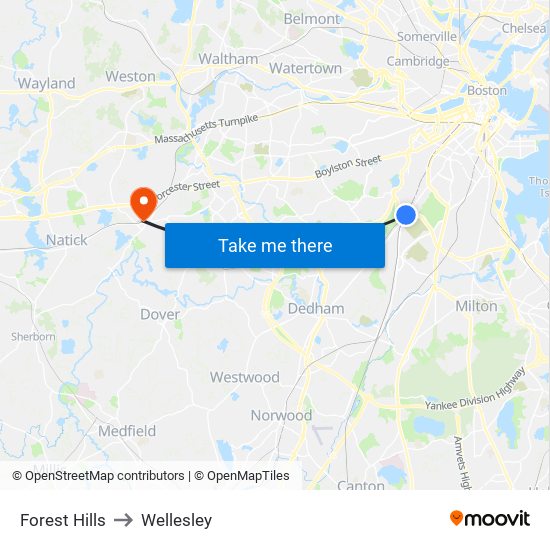 Forest Hills to Wellesley map