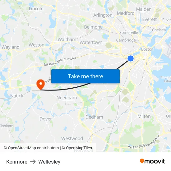 Kenmore to Wellesley map