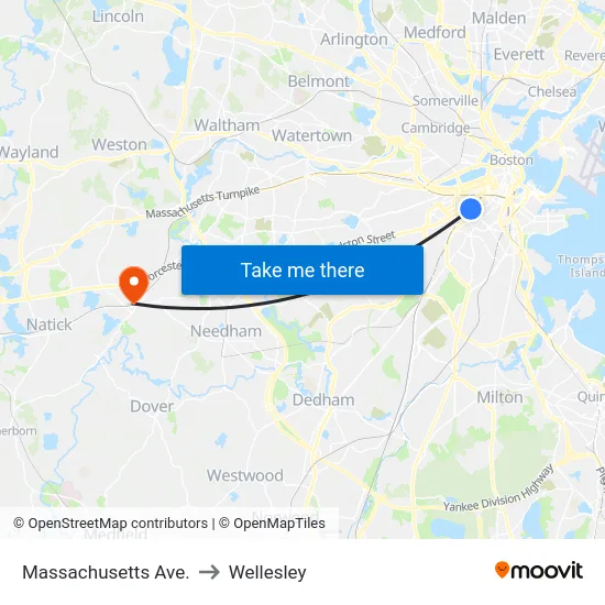 Massachusetts Ave. to Wellesley map