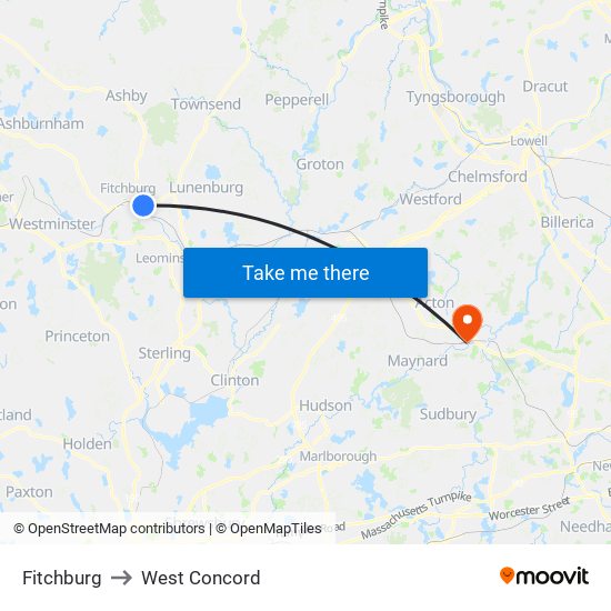 Fitchburg to West Concord map