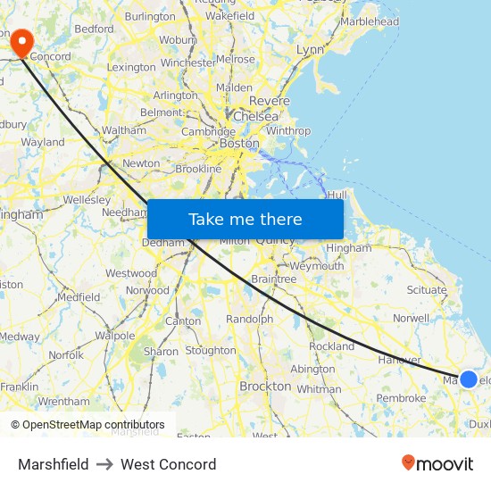 Marshfield to West Concord map