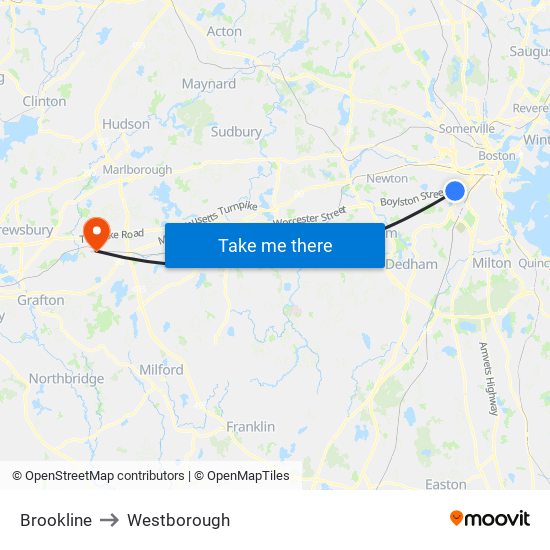 Brookline to Westborough map