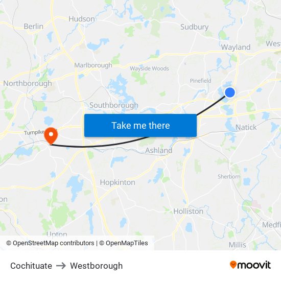 Cochituate to Westborough map